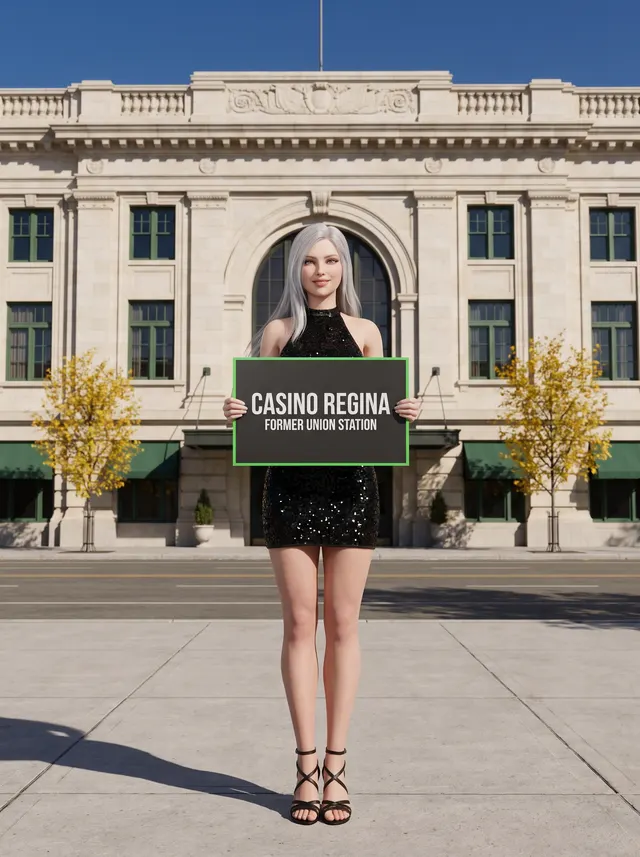 Lena Ashdown, the guide's host, a character with long silver hair in a black sequin mini dress, stands in front of a pale stone railway station building holding a board that reads Casino Regina, Former Union Station