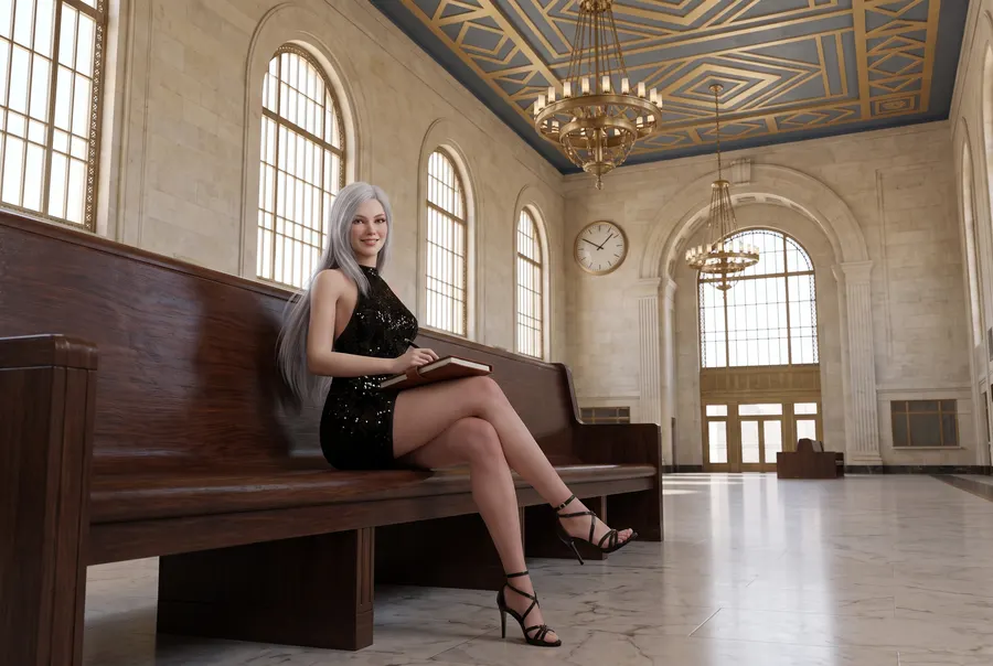 Lena Ashdown, the guide's host, sits on a wooden bench in a grand railway concourse with chandeliers, holding a notebook
